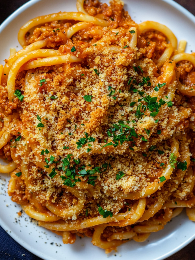 A plate of pasta with caramelized onions.