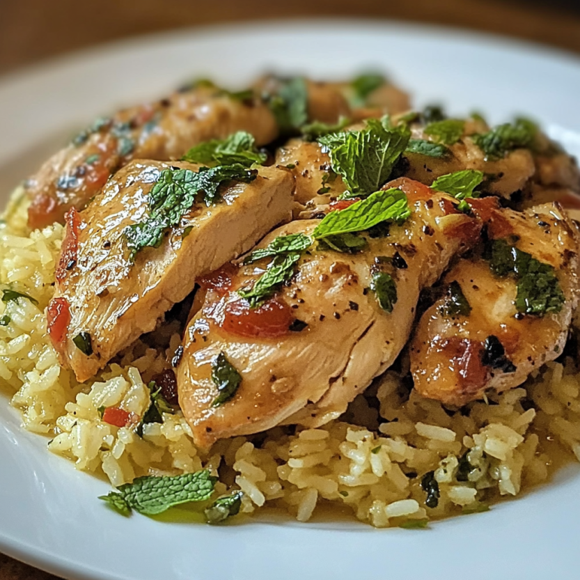 A plate of chicken with mushrooms and mint.