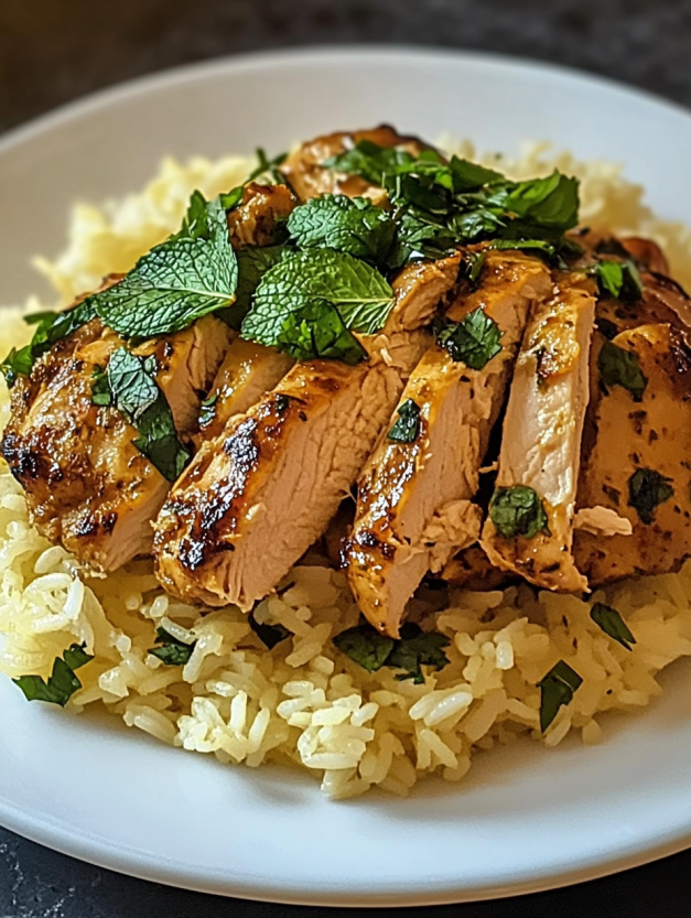 A plate of rice with chicken on top.