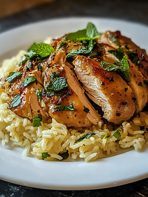 A plate of chicken with mint and rice.