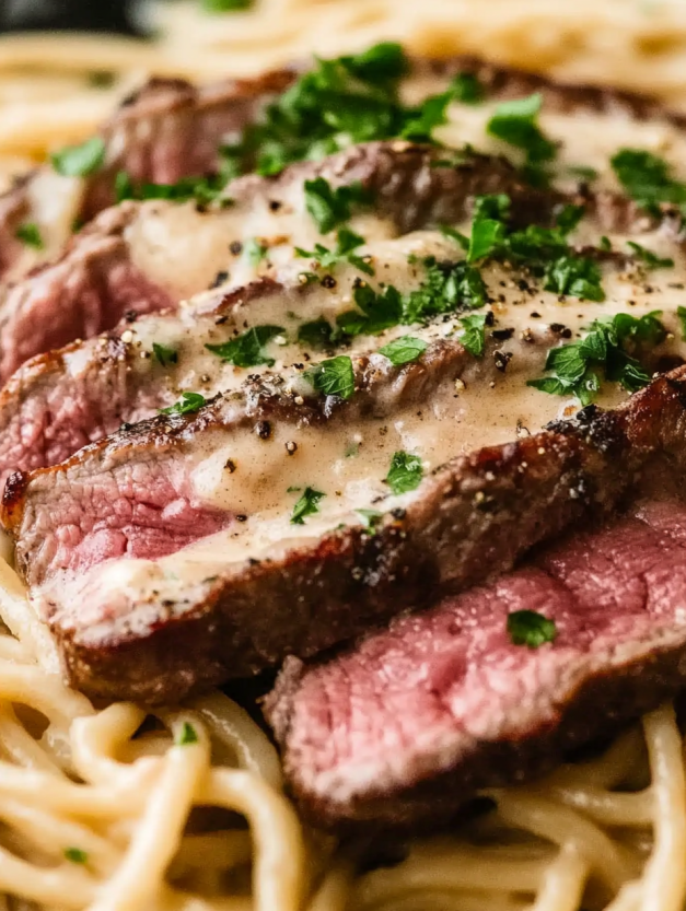 A close up of a piece of steak with a creamy sauce on top.