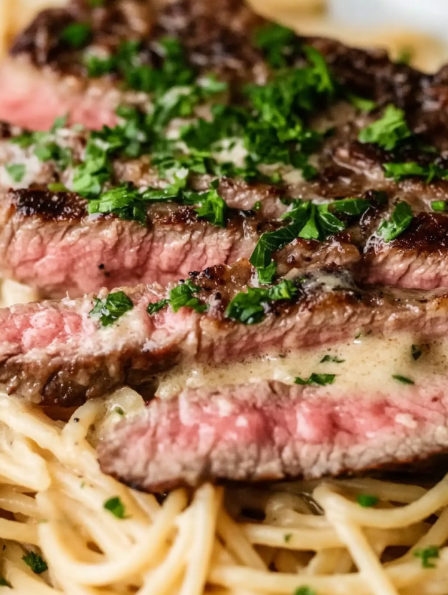 A close up of a piece of steak with a creamy sauce on top.
