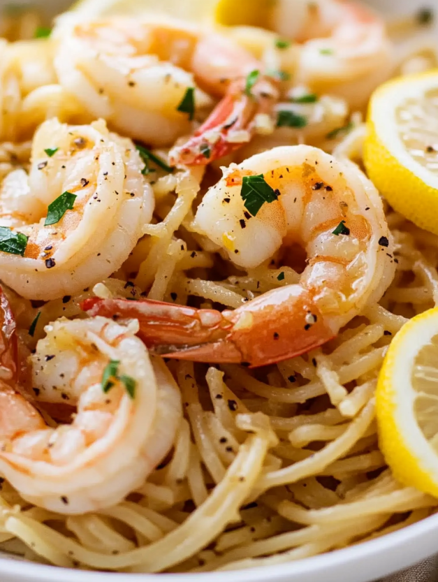 A plate of shrimp pasta with lemon and garlic.
