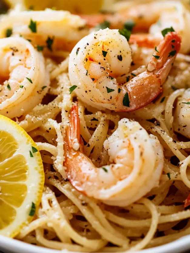 A plate of shrimp and pasta with a lemon wedge on top.