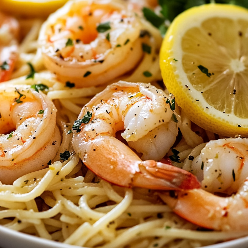 A plate of shrimp and pasta with lemon and garlic.