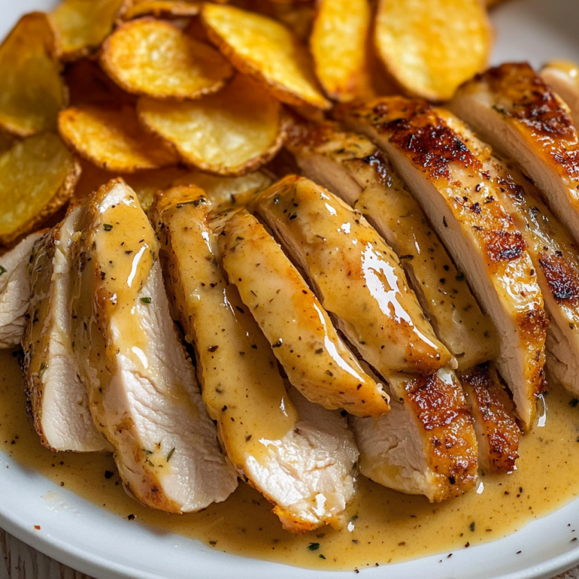 A plate of chicken, chips and gravy.