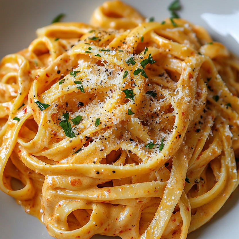 A plate of pasta with cheese and sauce.