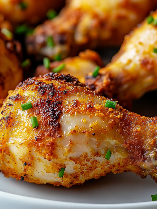 A close up of baked fried chicken.
