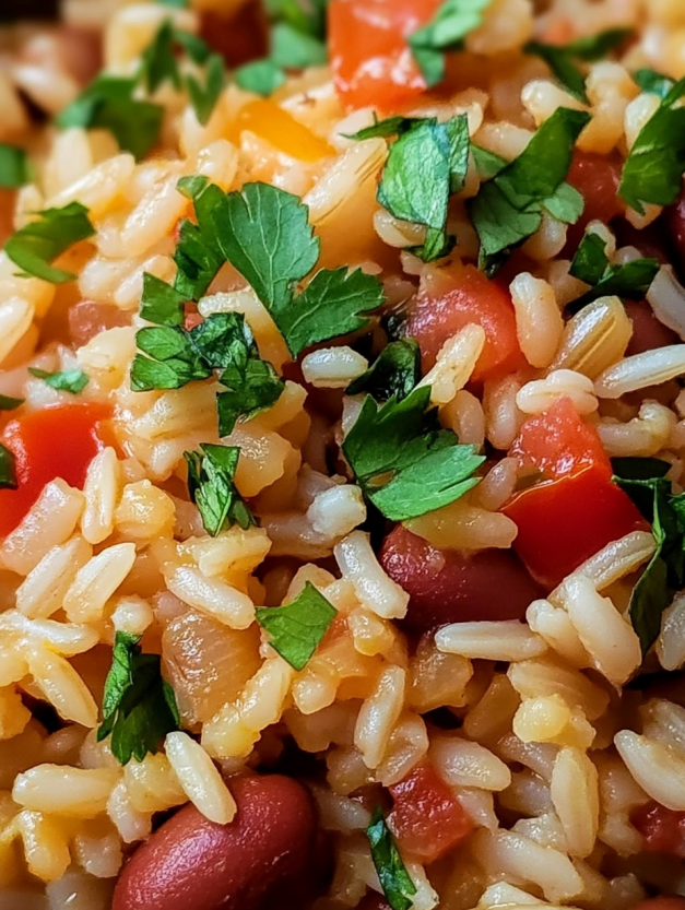 A close up of a plate of Mediterranean rice and beans.