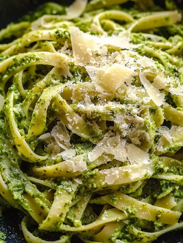 A plate of pasta with a creamy tuna pesto sauce.