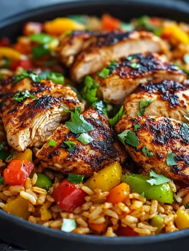 A dish of Cajun chicken and rice.