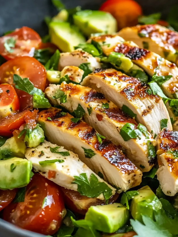 A plate of chicken and avocado salad.