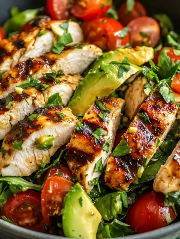 A close up of chicken and avocado salad.