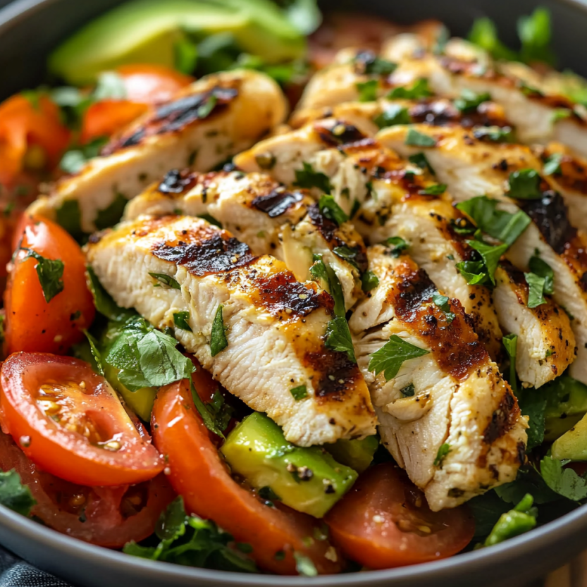 A bowl of chicken salad with tomatoes and avocado.