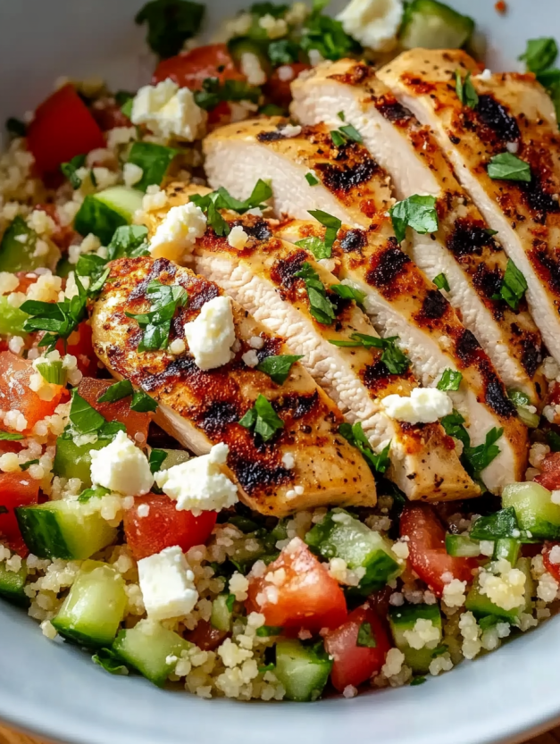 A bowl of chicken couscous salad.