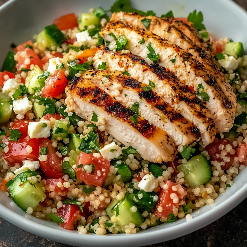 A bowl of chicken couscous salad.