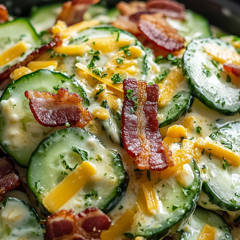 A cucumber ranch crack salad with bacon.