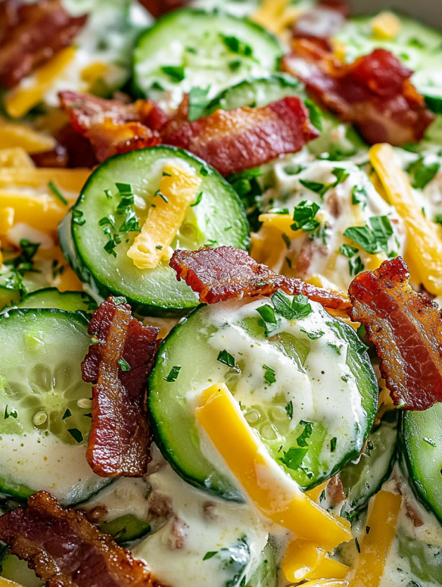 A cucumber ranch crack salad with bacon.
