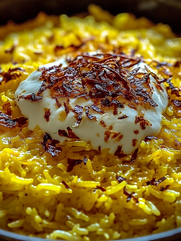 A dish of rice with a dollop of yogurt on top.