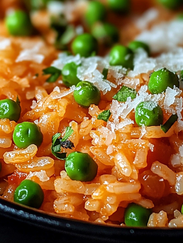 A bowl of rice with peas and tomatoes.