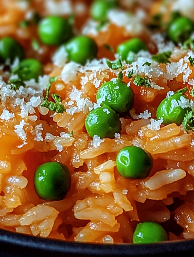 A close up of a dish with peas and rice.