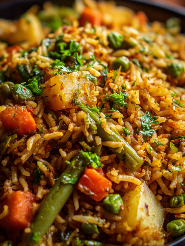 A dish of rice and vegetables.