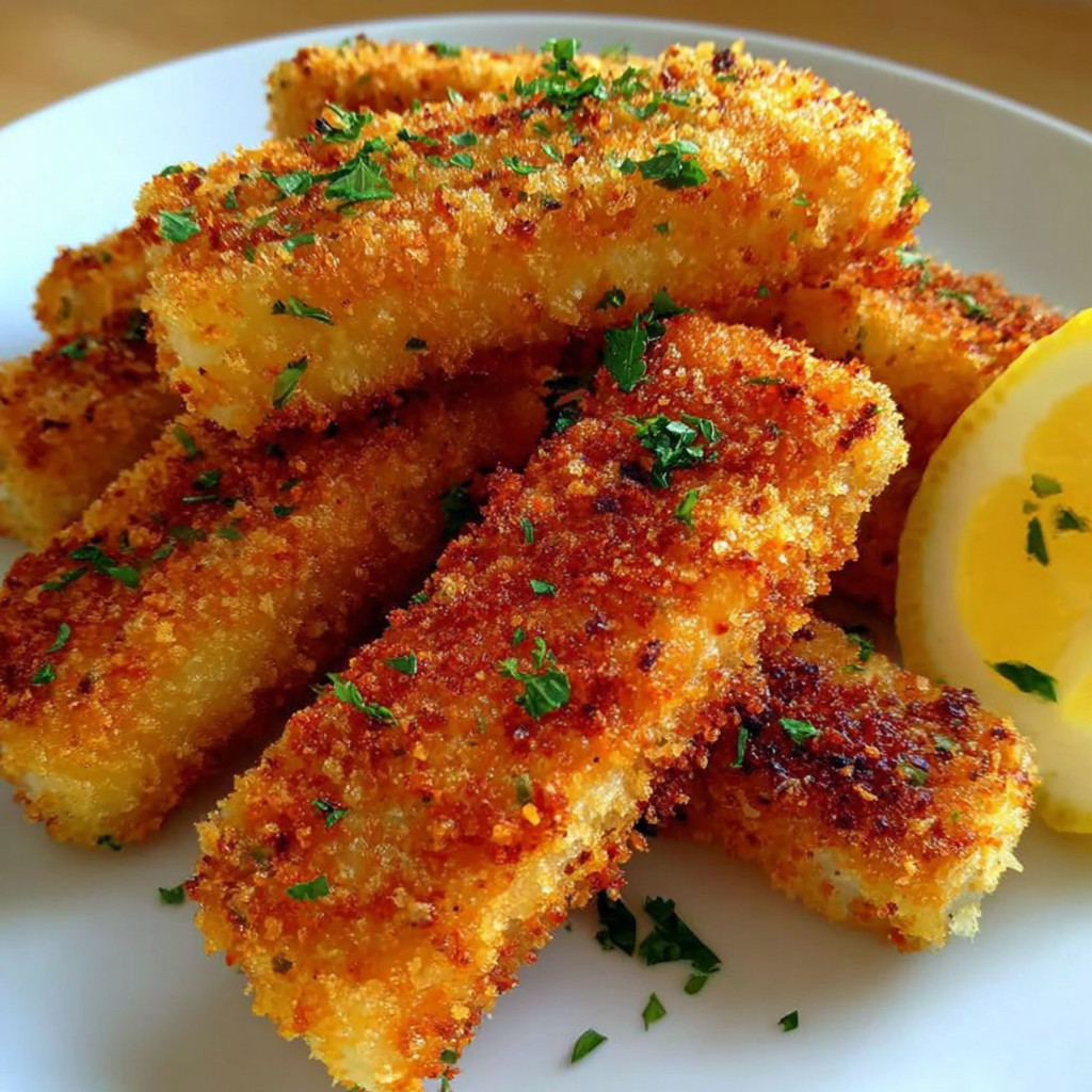 Crispy baked fish sticks on a plate.