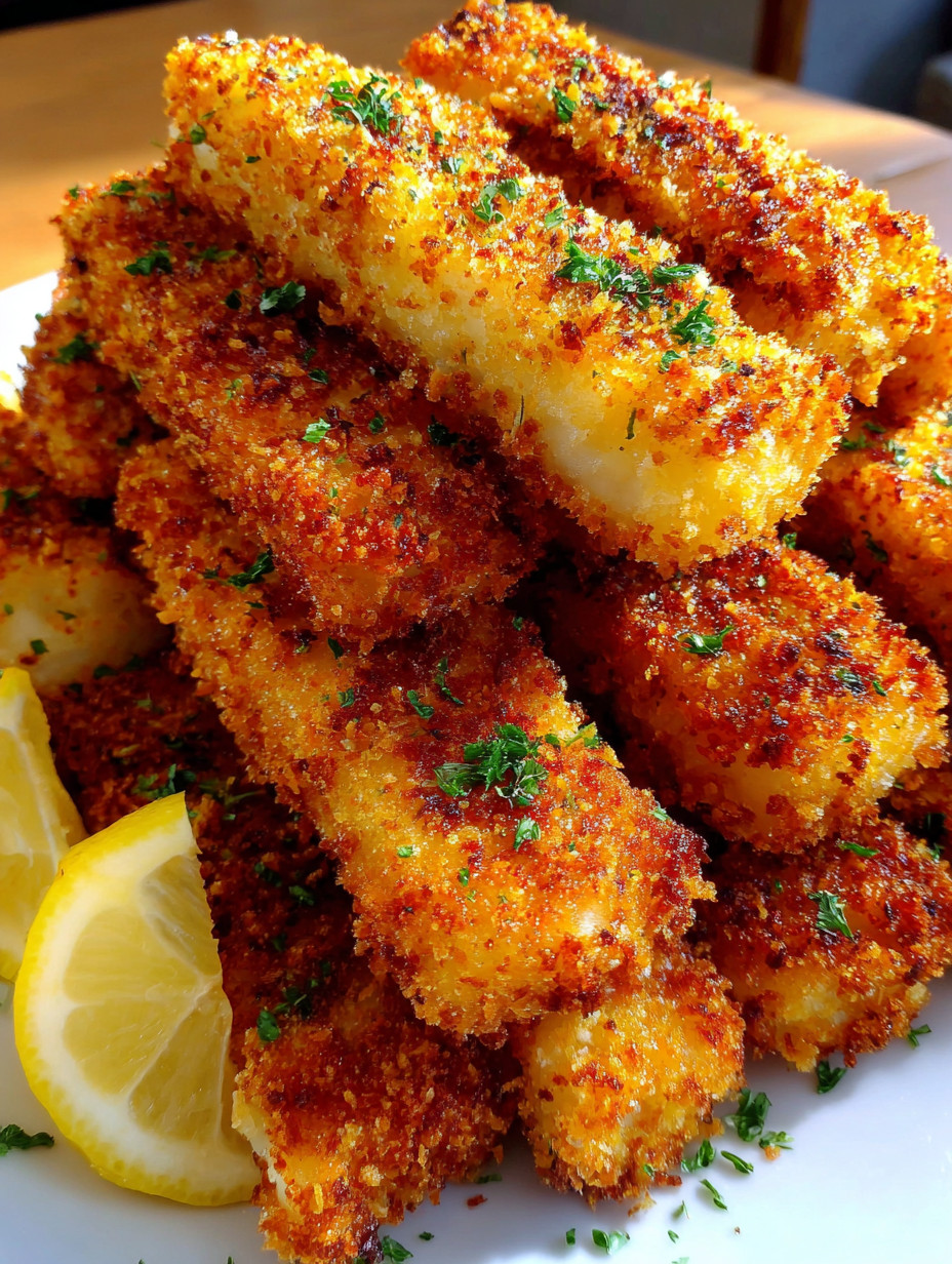 Crispy baked fish sticks on a plate.