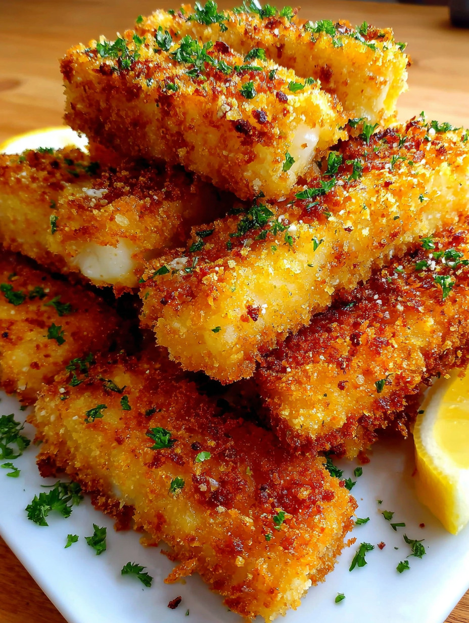 A plate of crispy baked fish sticks.