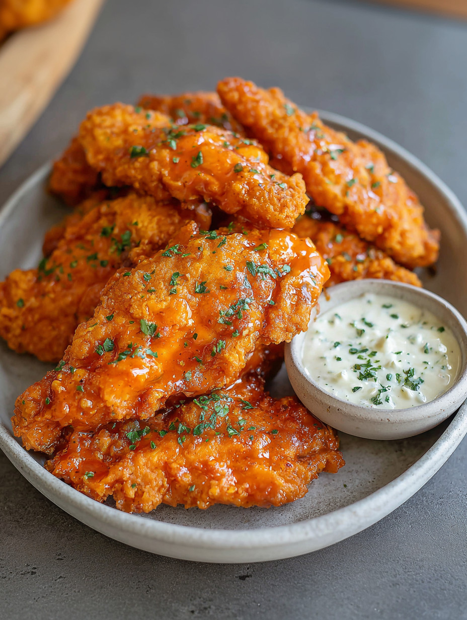 A plate of crispy buffalo chicken tenders.