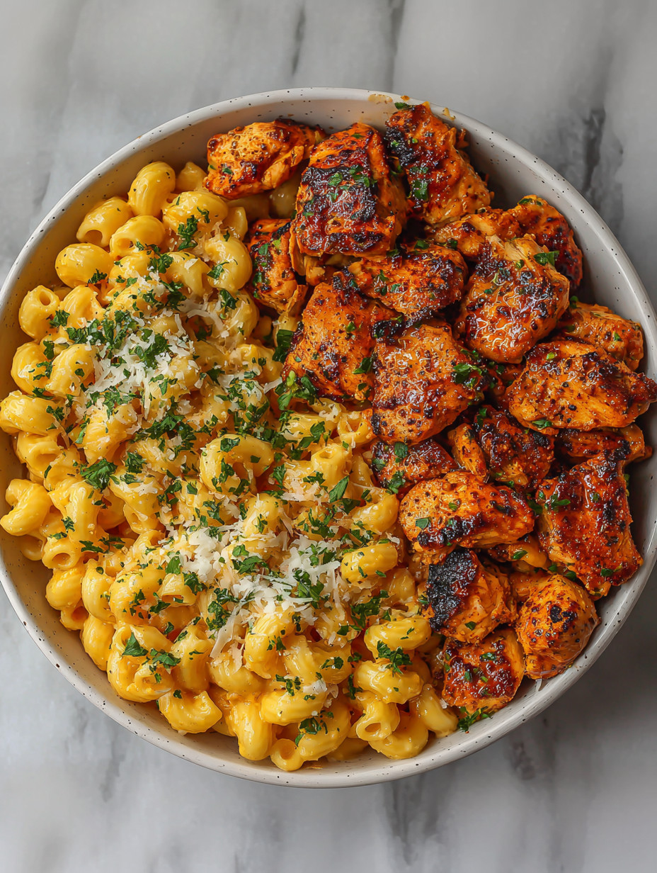 A bowl of mac and cheese with chicken.