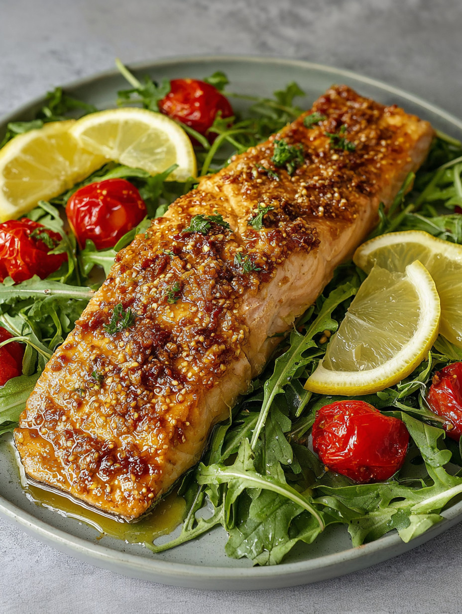 A plate of food with salmon, tomatoes, and lemon.