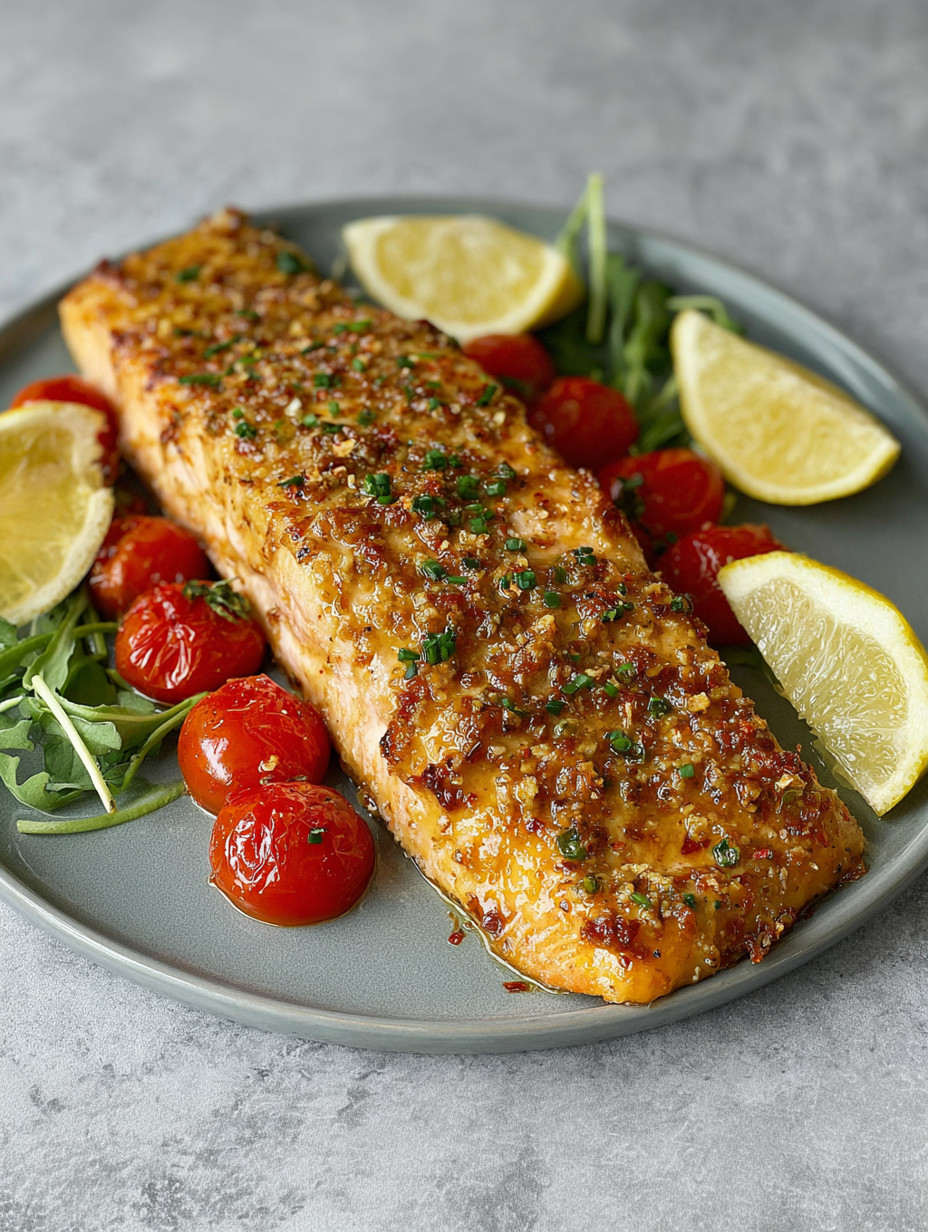 A plate of salmon with tomatoes and lemon wedges.
