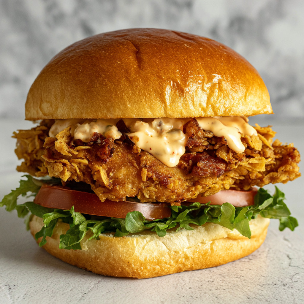 A crispy chicken burger with lettuce and tomato.