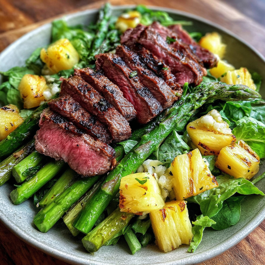 A plate of grilled steak salad with asparagus and pineapple vinaigrette.