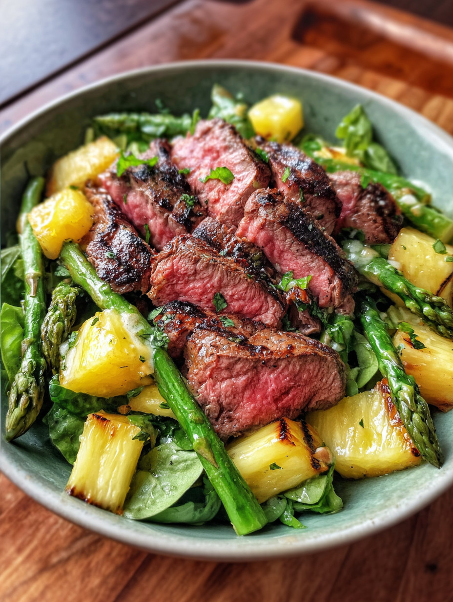 A bowl of grilled steak salad with asparagus and pineapple vinaigrette.