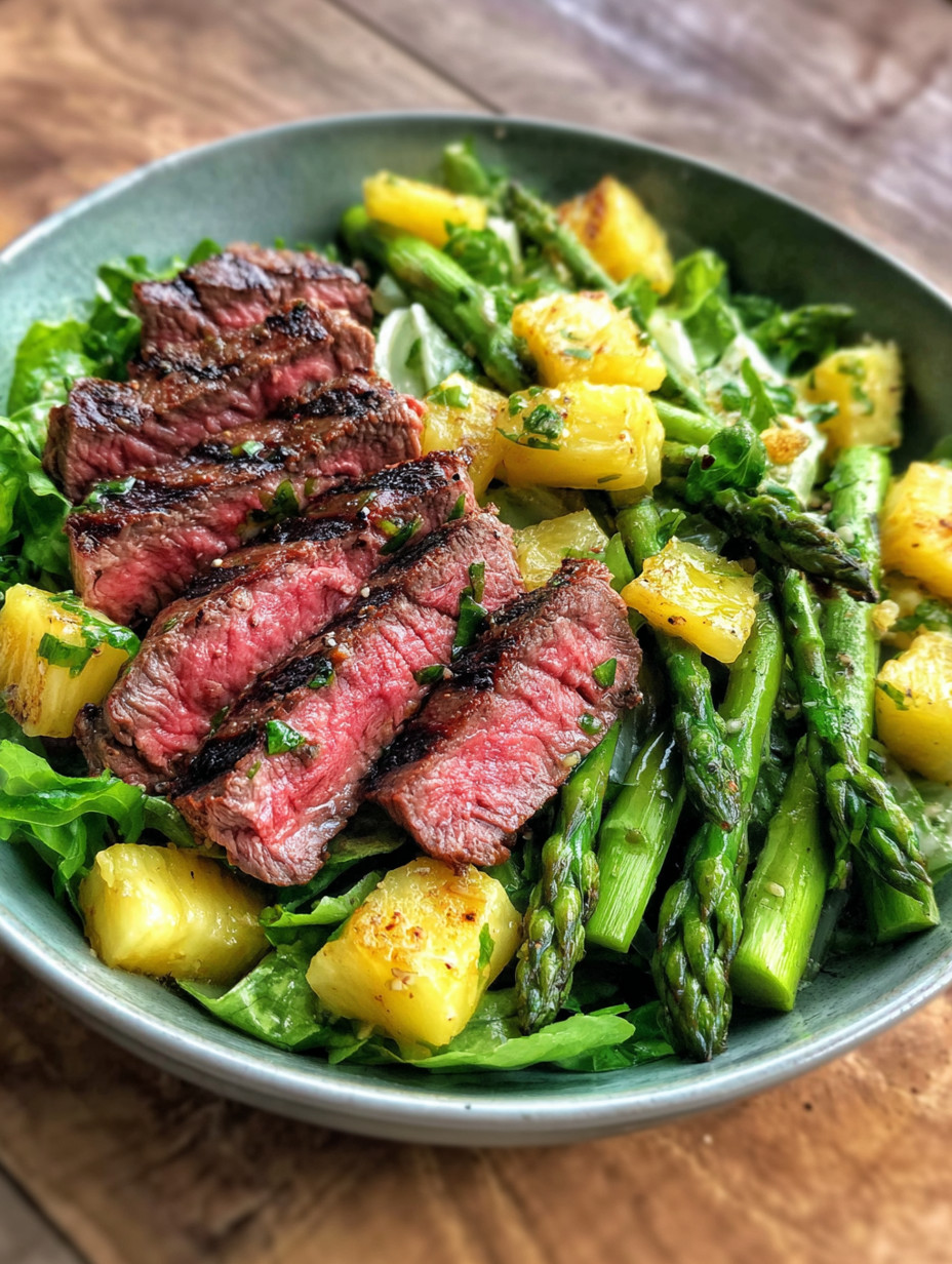 A bowl of grilled steak salad with asparagus and pineapple vinaigrette.