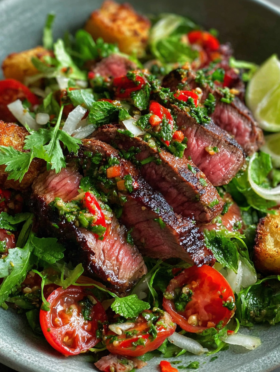 A close up of a steak salad with chili, garlic, and herbs.