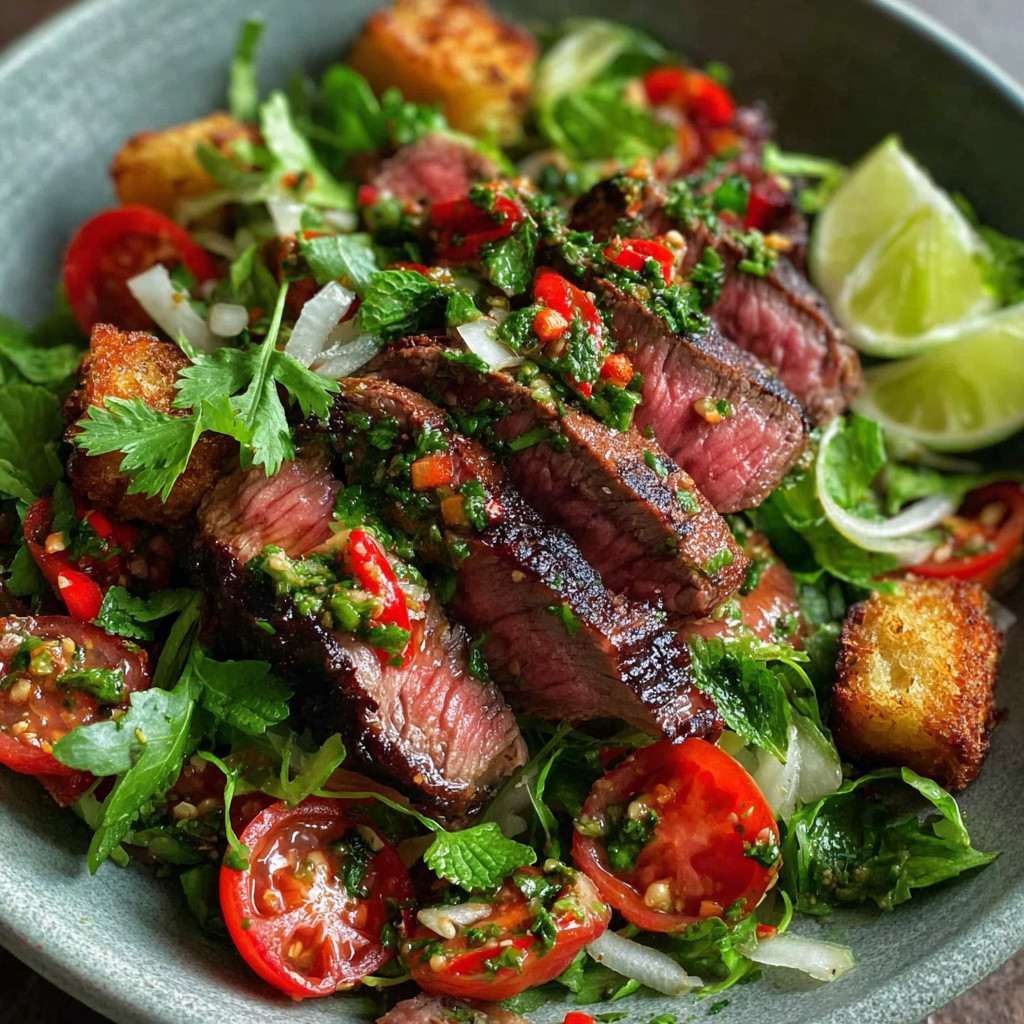 A bowl of steak salad with chili, garlic, and herbs.
