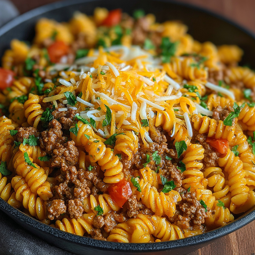 A bowl of pasta with meat and cheese.