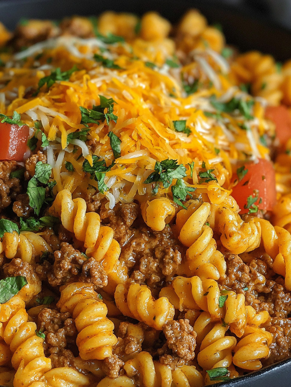 A close up of a cheesy taco pasta skillet.
