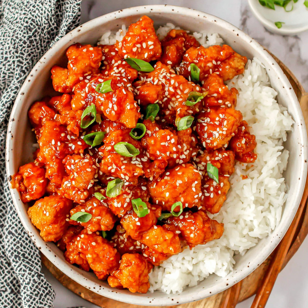 A bowl of firecracker chicken with rice.