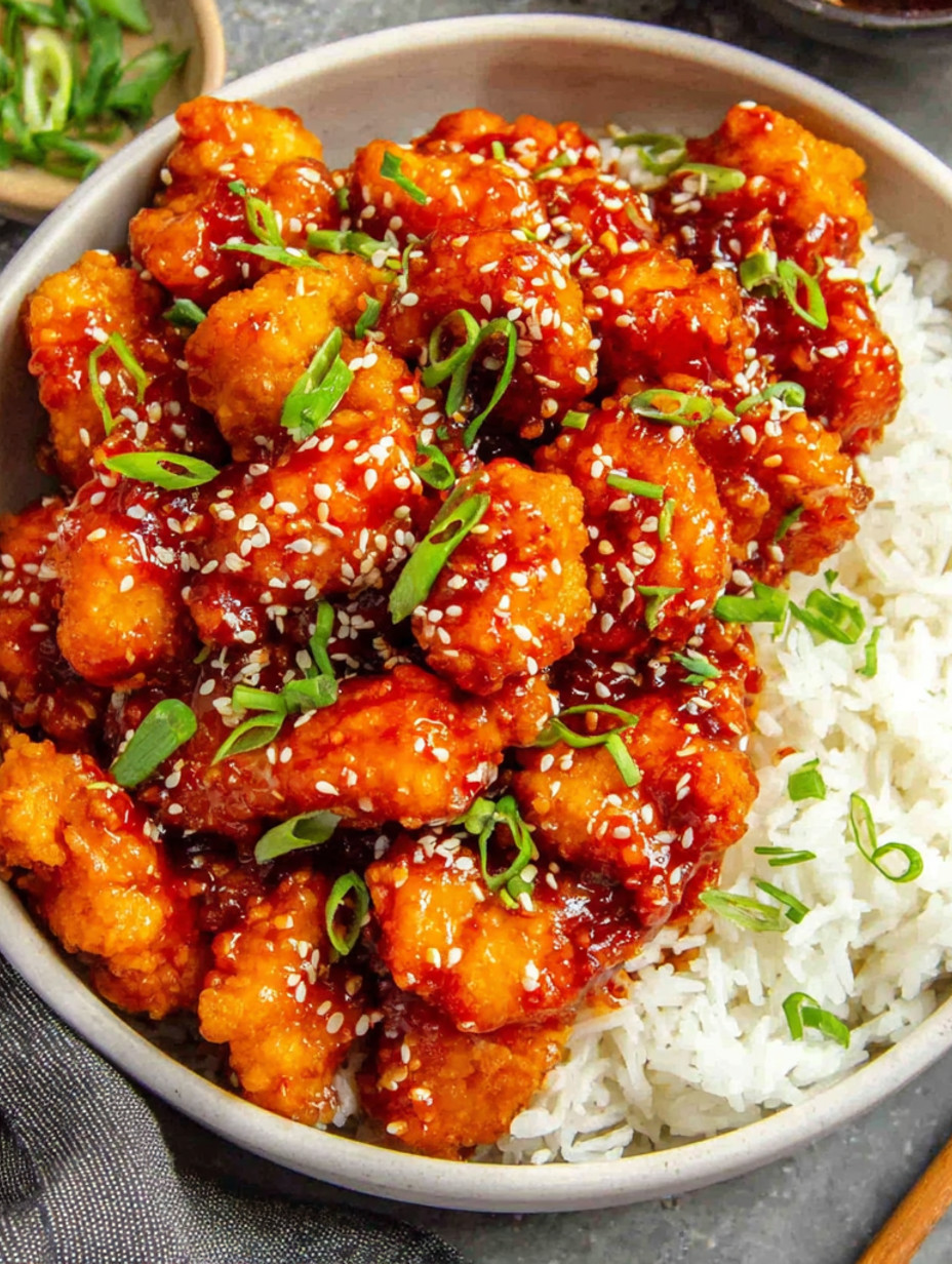 A bowl of firecracker chicken with rice.