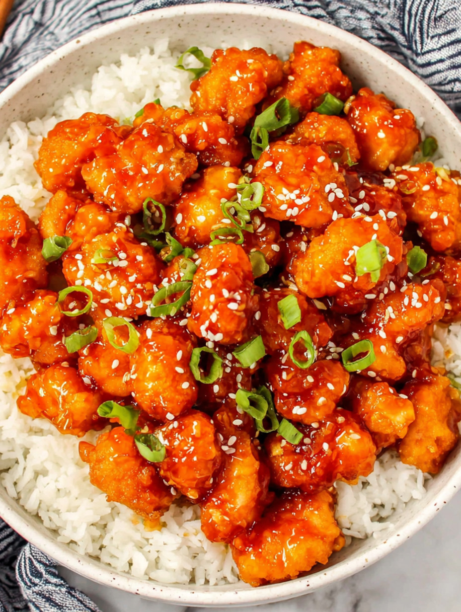 A bowl of firecracker chicken with rice.