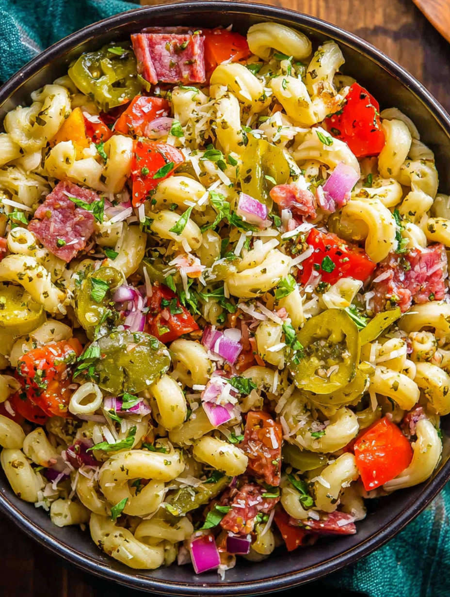 A bowl of Italian pasta salad.