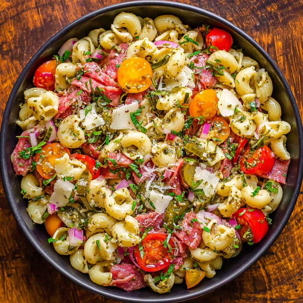 A bowl of Italian pasta salad.