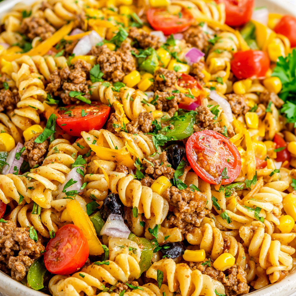 A bowl of pasta salad with tomatoes, onions, and meat.