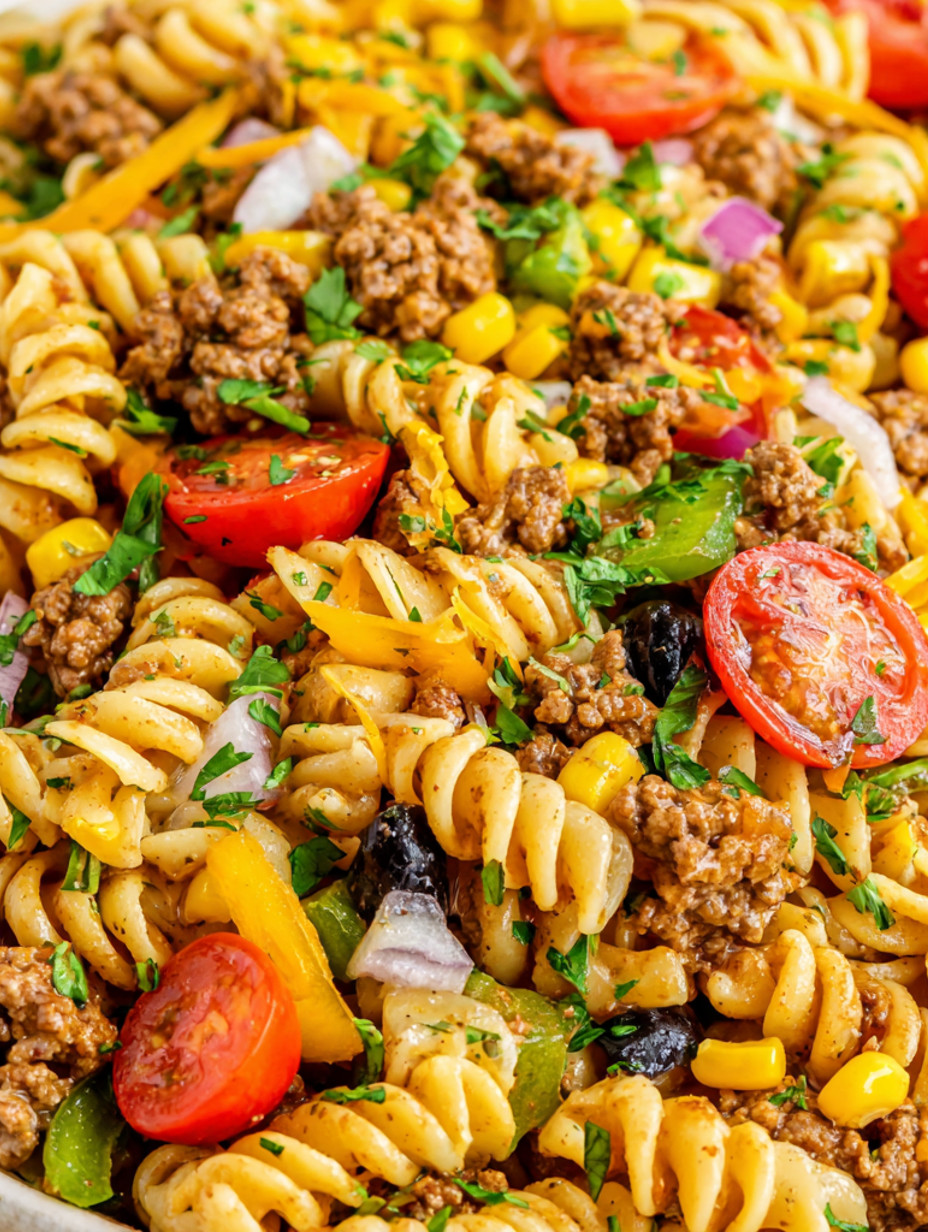 A bowl of pasta salad with tomatoes, onions, and meat.