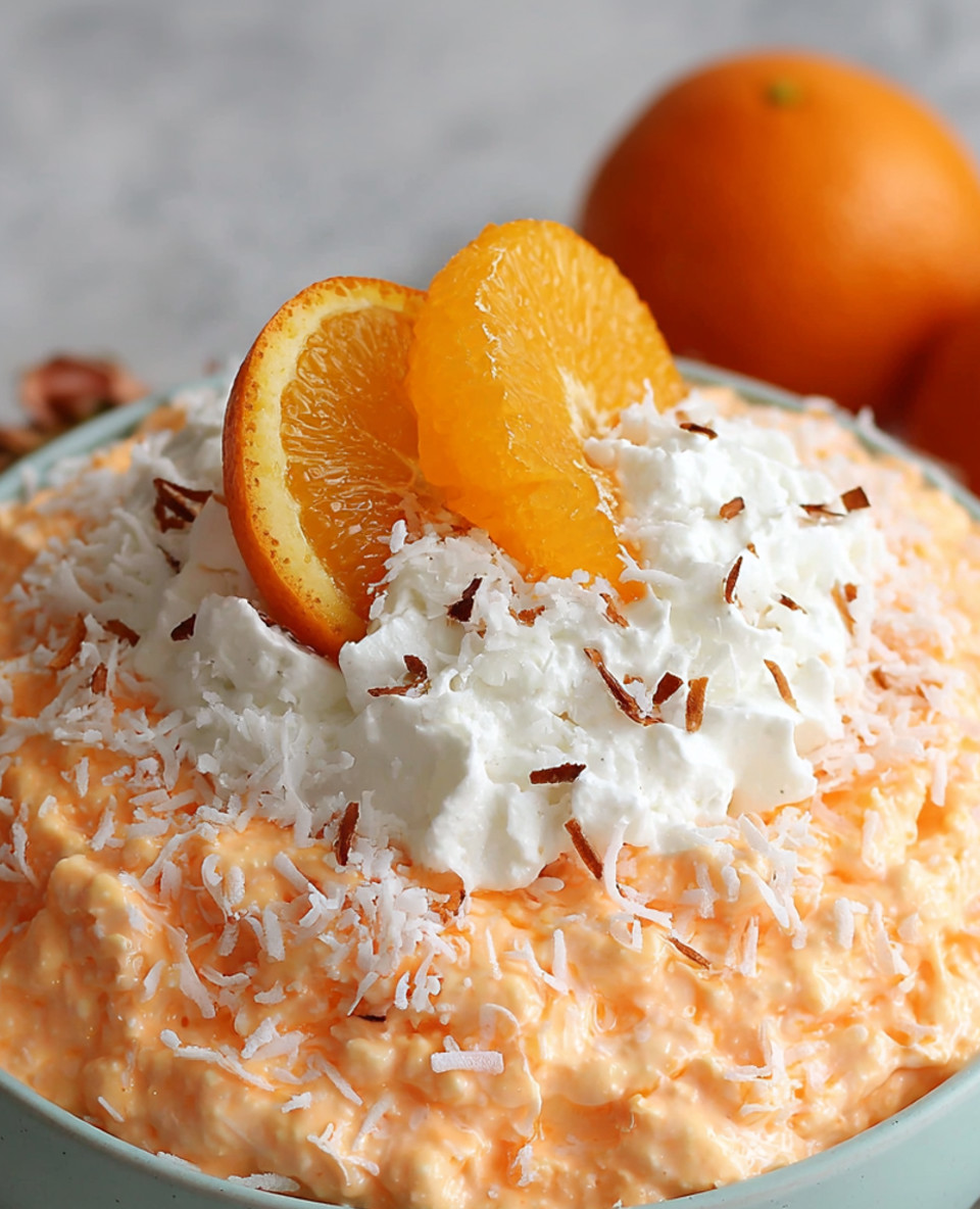 A bowl of tropical orange jello salad.