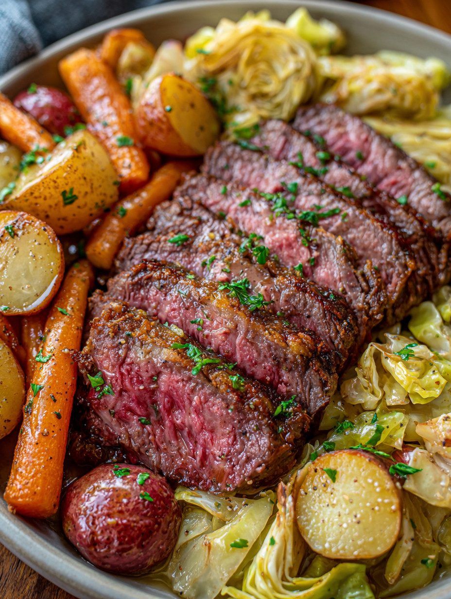 A close up of a corned beef steak with cabbage and carrots.